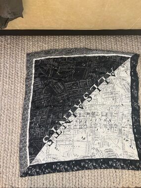 All Saints Silk Scarf with Map Print - Black & White. 33 x 33 inches.